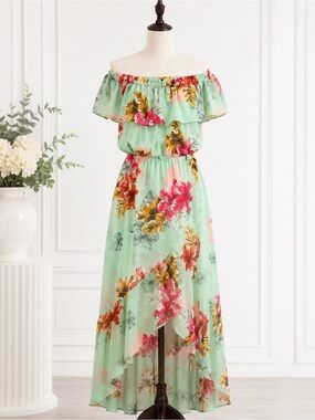 Express Petite M Mint Green Floral Off Shoulder High Low Maxi Dress NWT $79.90